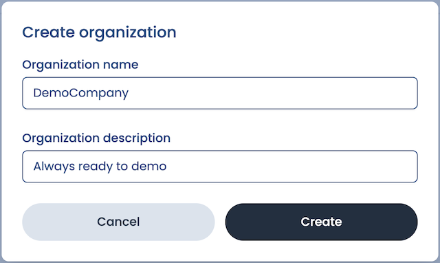 Organization creation screen with fields for name and description